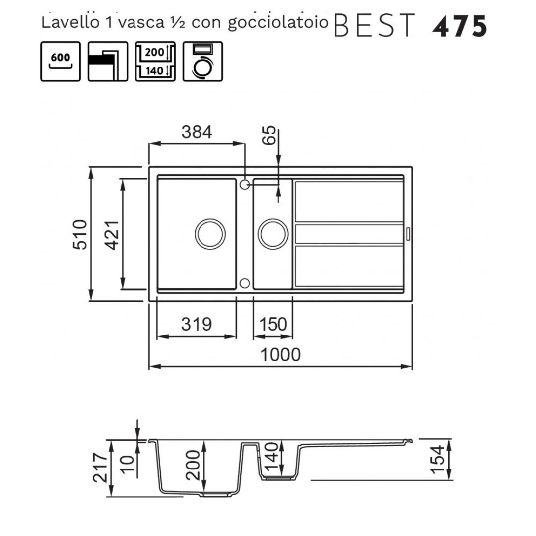 Disegno tecnico di un lavello con dimensioni e icone.