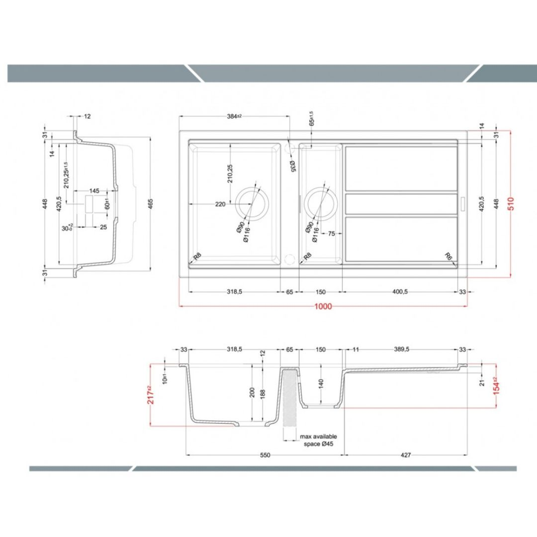 Disegno tecnico di un lavello con dimensioni e viste.