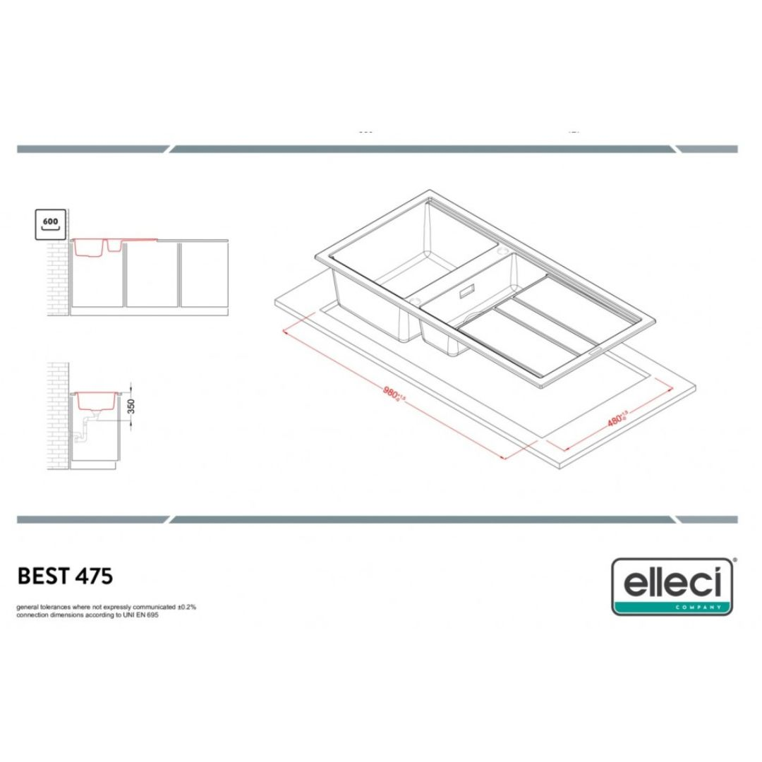 Disegno tecnico di un lavello con dimensioni 980x480mm e 600x350mm.