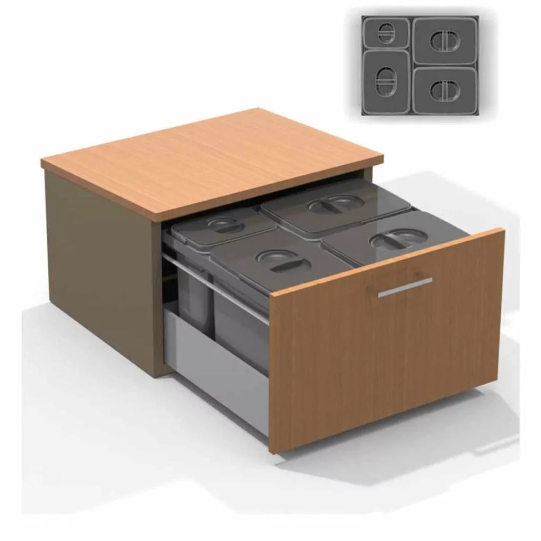 Un mobile da cucina in legno con quattro bidoni estraibili.