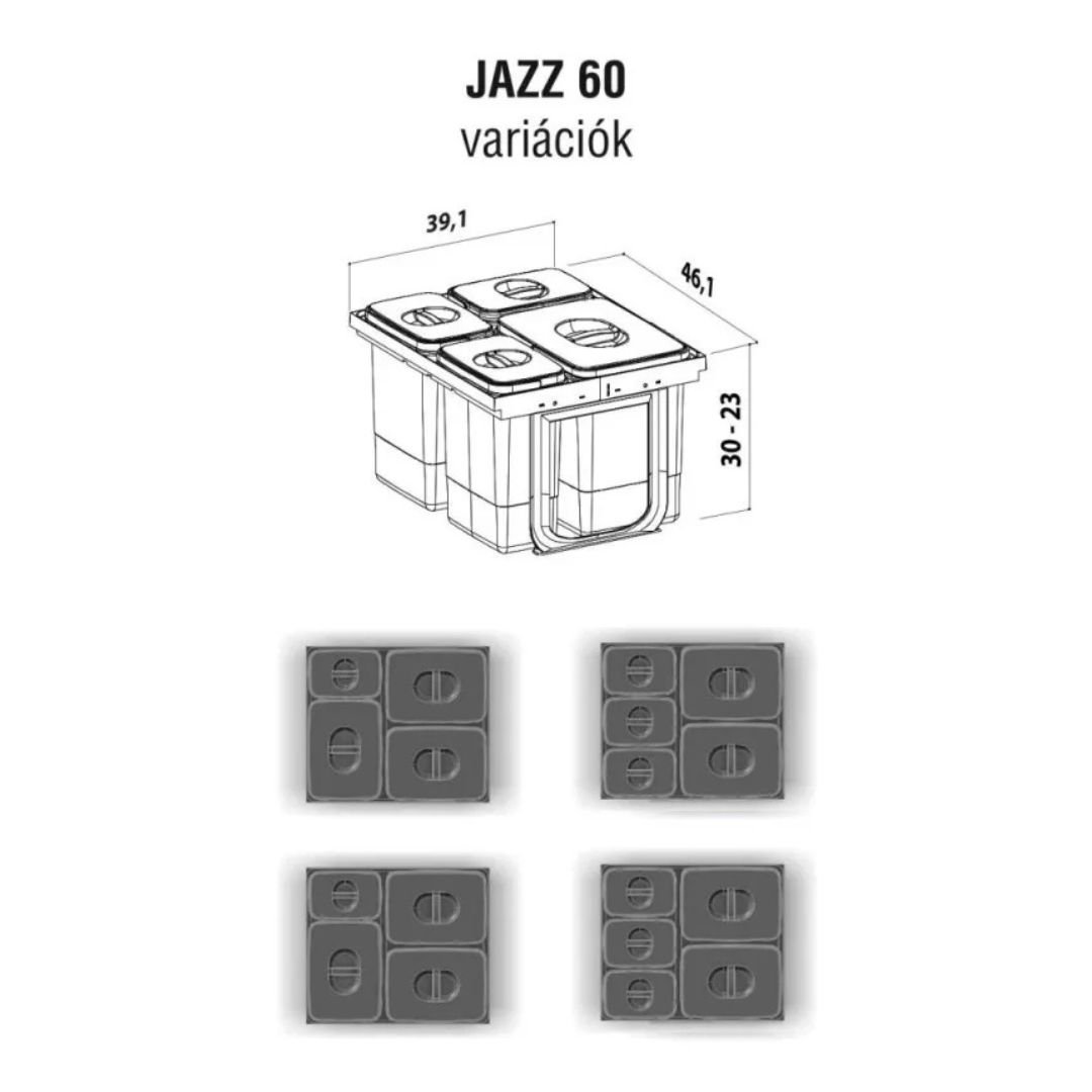 Disegno tecnico di un contenitore con dimensioni e quattro varianti.