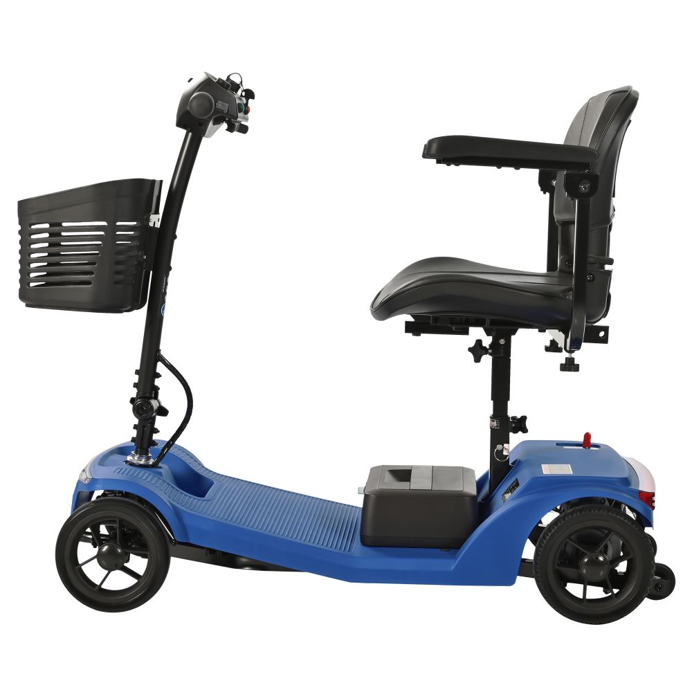 Un scooter de movilidad azul con asiento, cesta y ruedas negras.