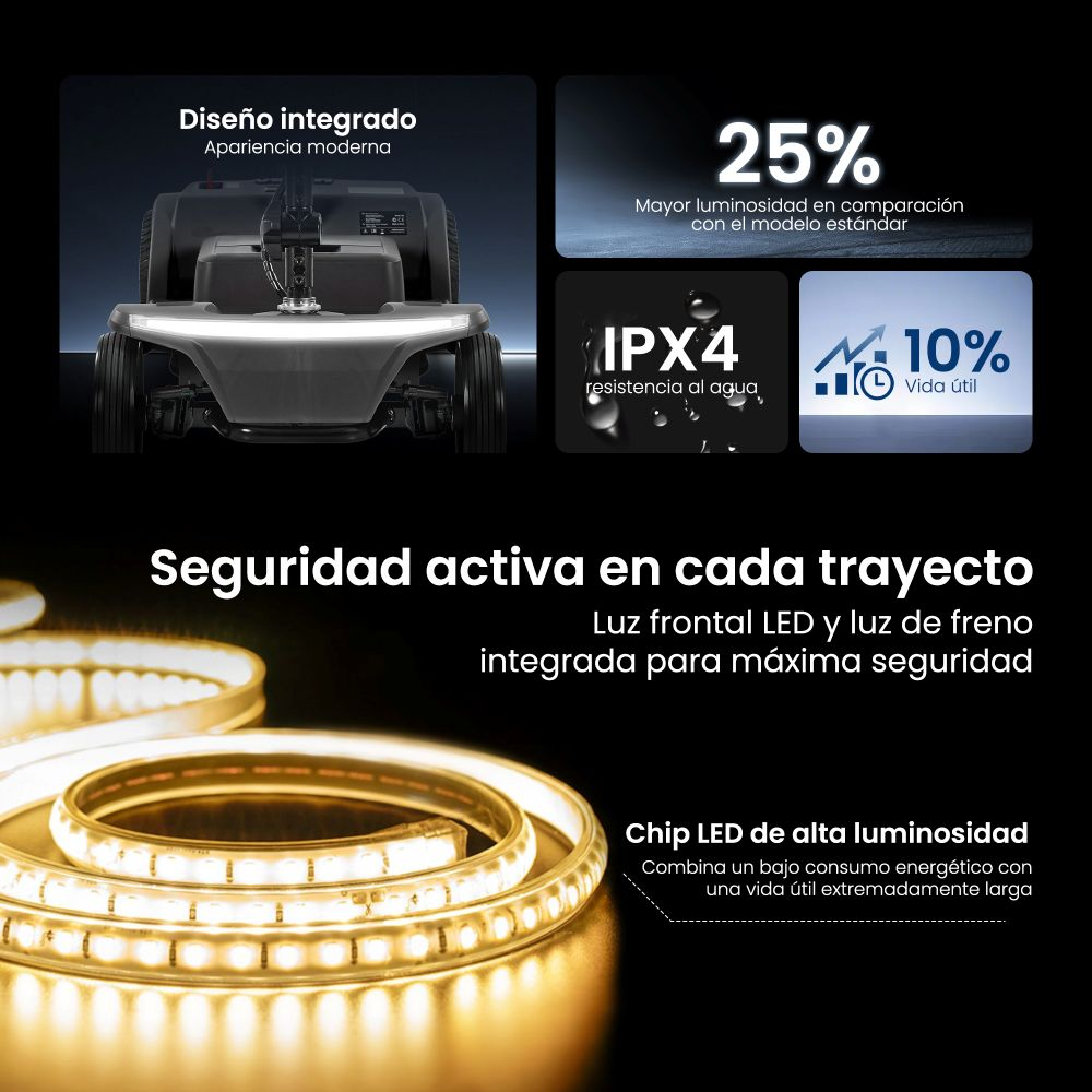 Cortacésped de diseño integrado con tira LED y especificaciones técnicas.