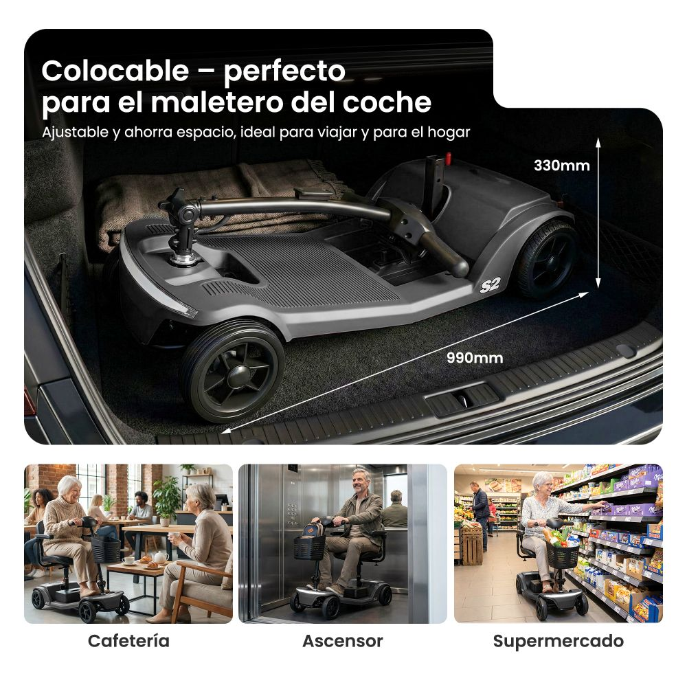 Un scooter compacto y plegable en el maletero de un coche. Imágenes más pequeñas lo muestran en cafetería, ascensor y supermercado.