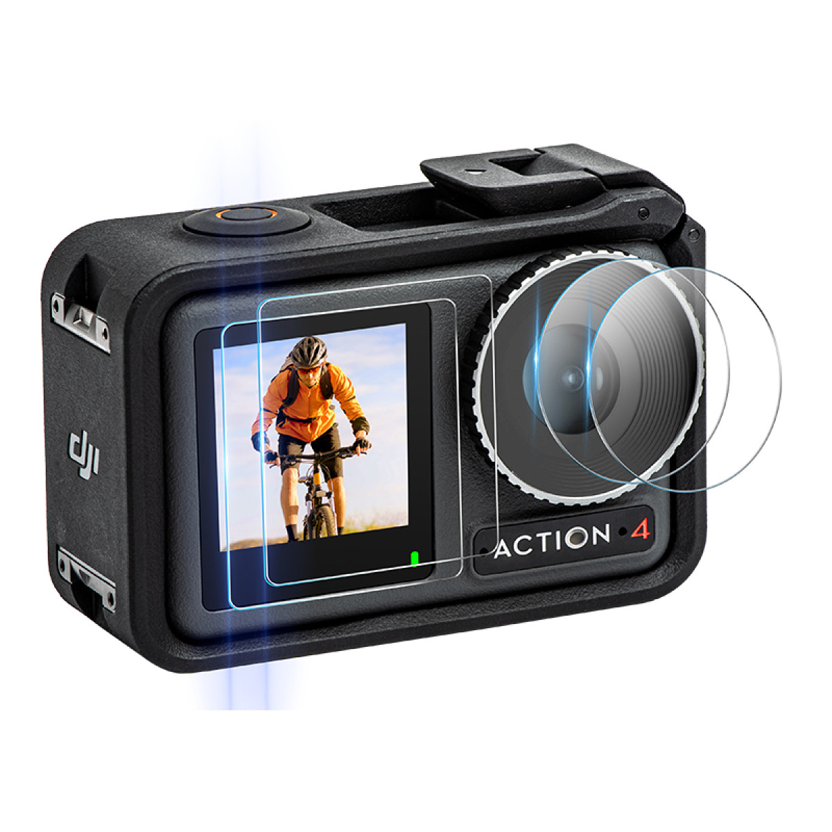 Action camera con display ciclista e pellicole protettive sulla lente.