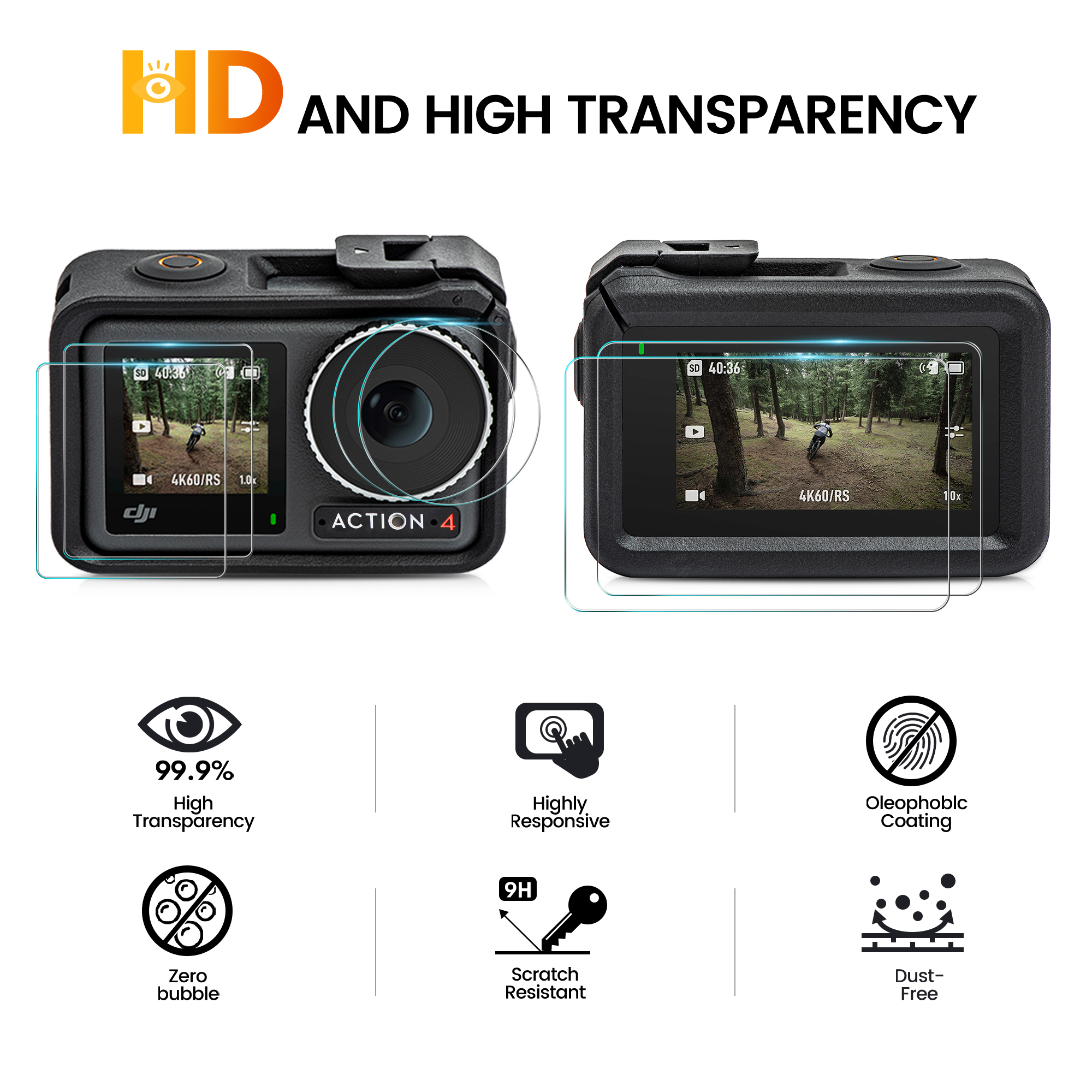 Action camera con HD e alta trasparenza. Mostra funzioni come 4K60/RS.