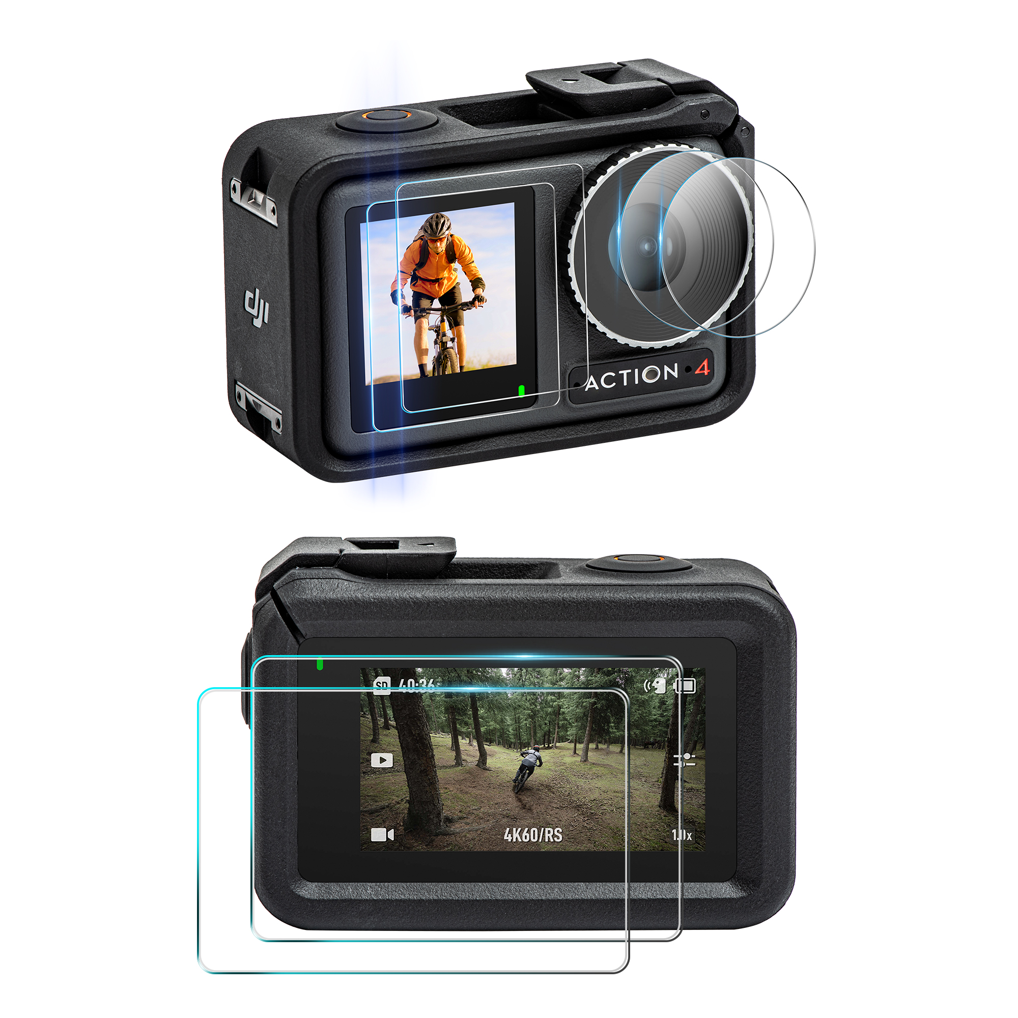 Action camera con due schermi, uno mostra un ciclista, l'altro una foresta.