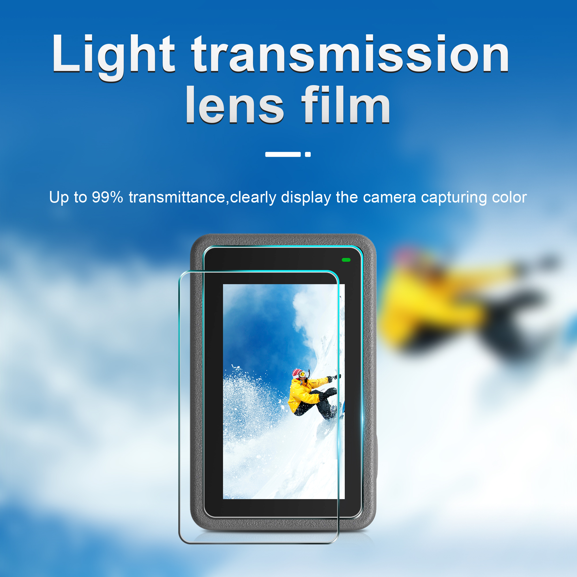 Una fotocamera con proteggi schermo che mostra uno snowboarder.