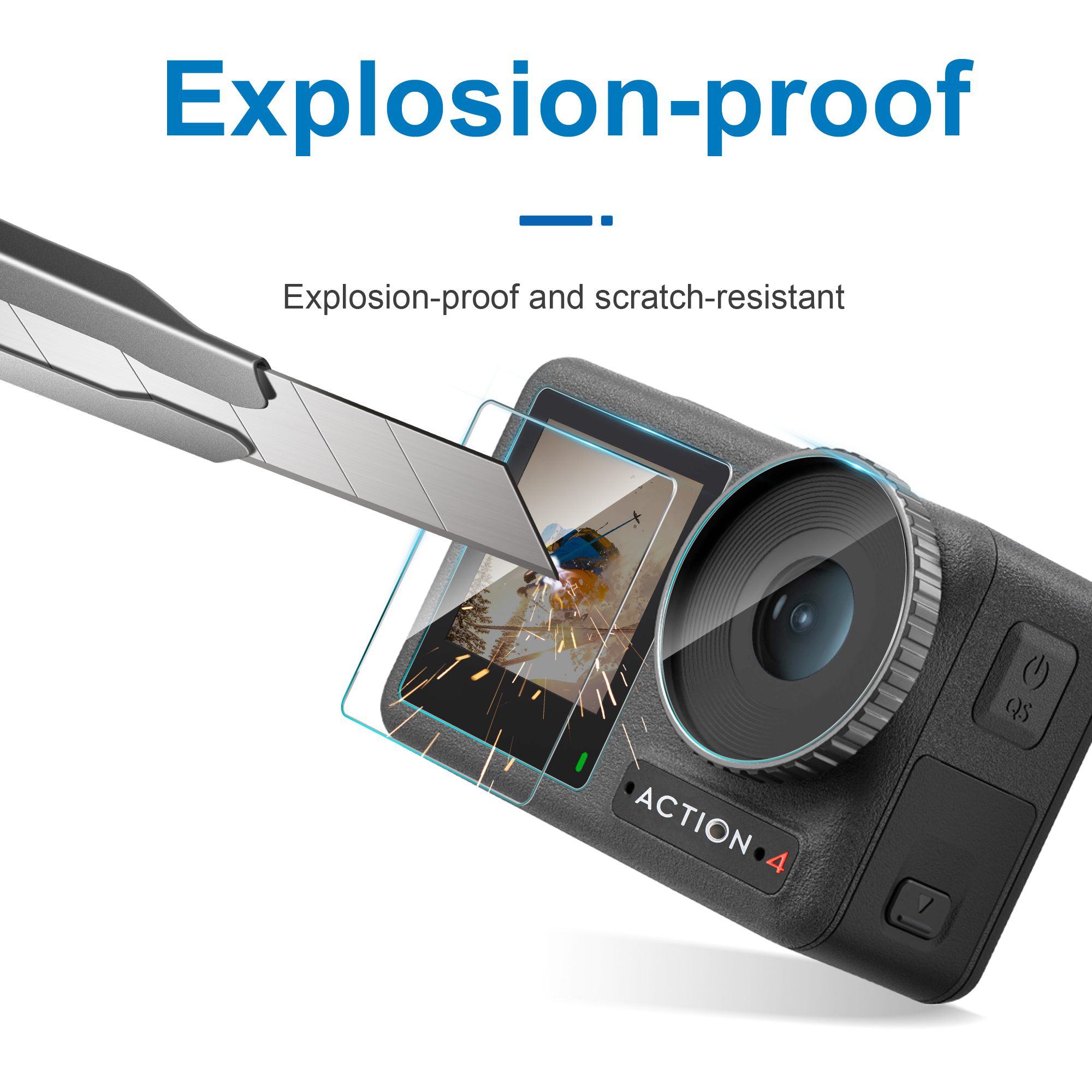 Un oggetto argentato colpisce lo schermo di una action cam che mostra "Explosion-proof".
