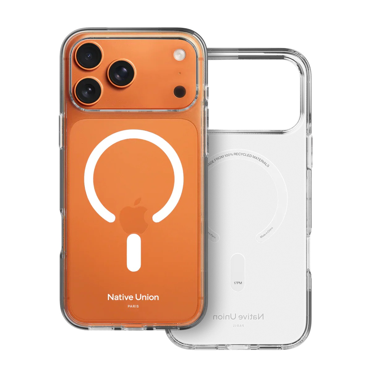 Custodia trasparente con retro arancione e logo MagSafe.