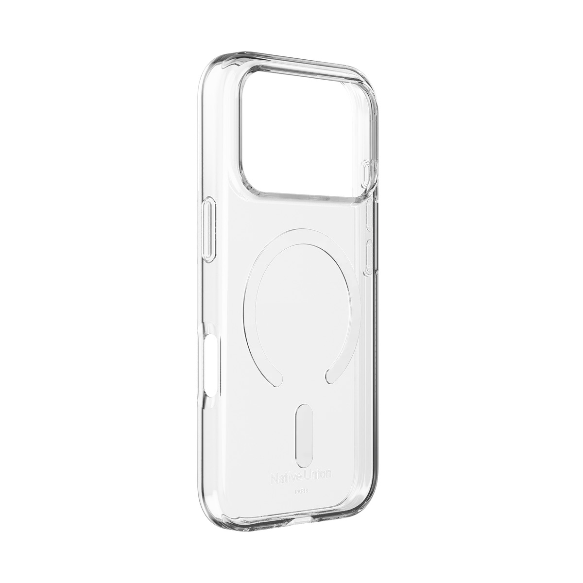 Custodia trasparente con cerchio MagSafe e logo Native Union.