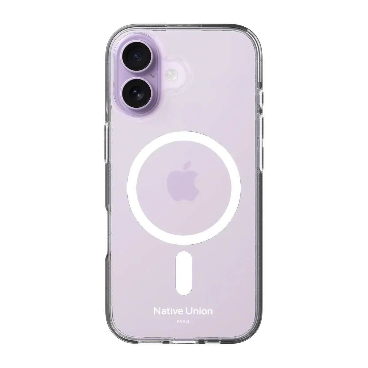 Custodia trasparente con telefono viola, logo Apple e anello MagSafe.