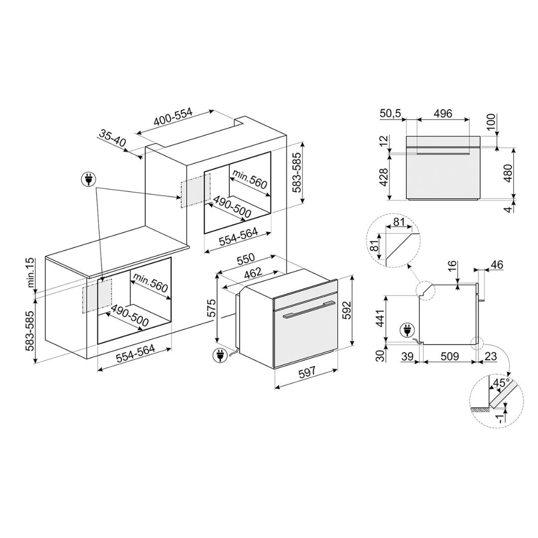 Disegno tecnico di un forno da incasso con dimensioni e dettagli di installazione.