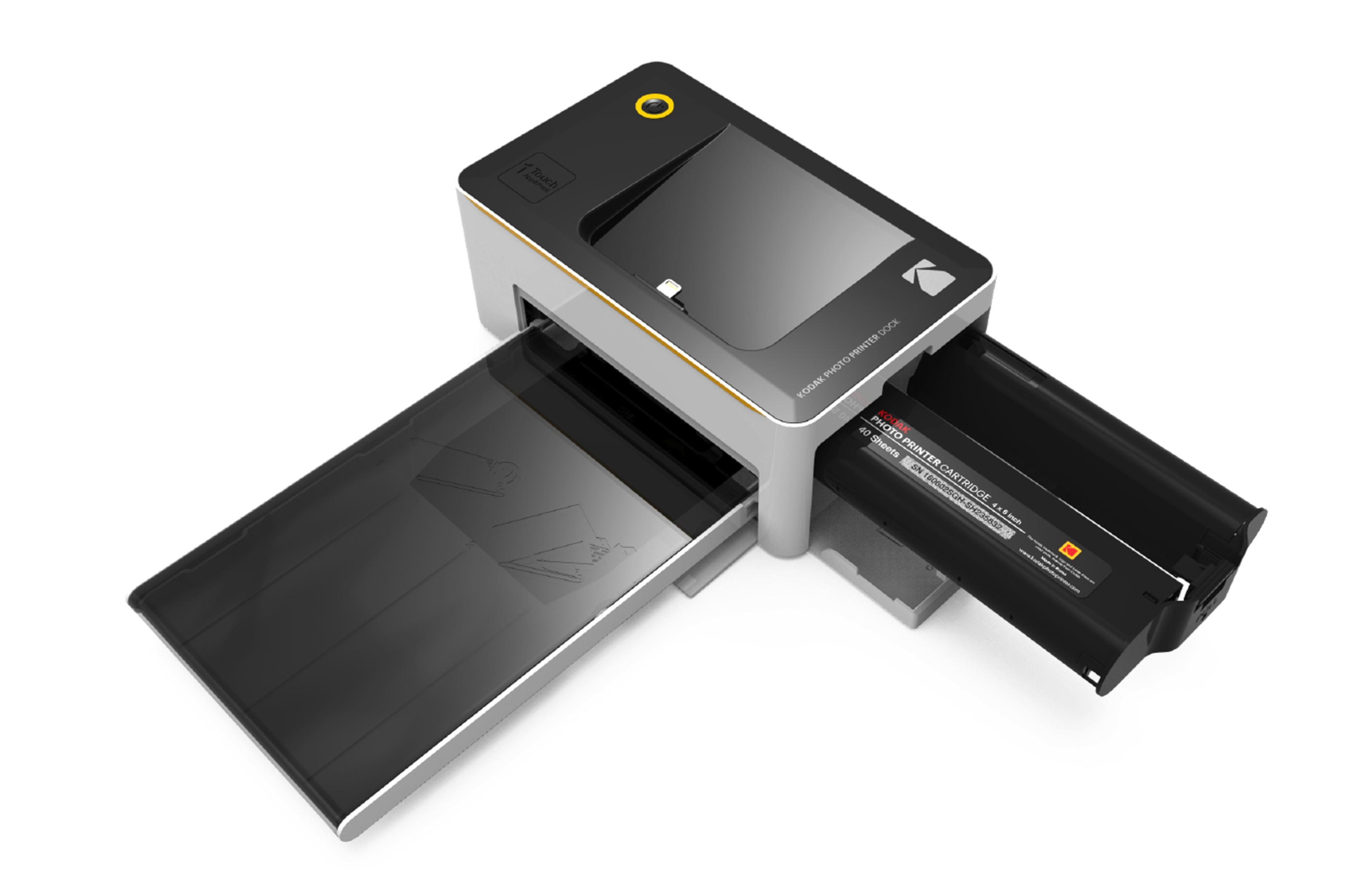 Una dock per stampante fotografica Kodak con touchscreen e cartuccia estraibile.
