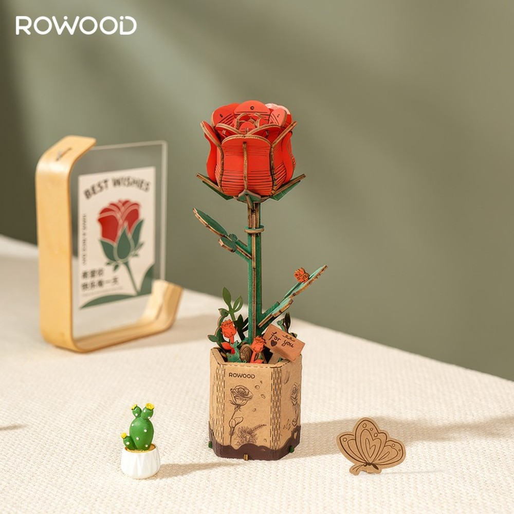 Un kit modèle de rose en bois dans un pot avec un cactus et un papillon.