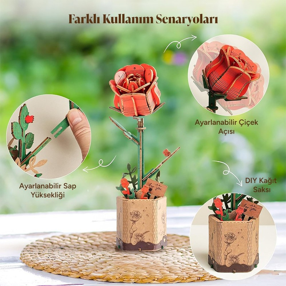 Un kit artisanal de rose en bois 3D dans un pot, avec tige et angle réglables.