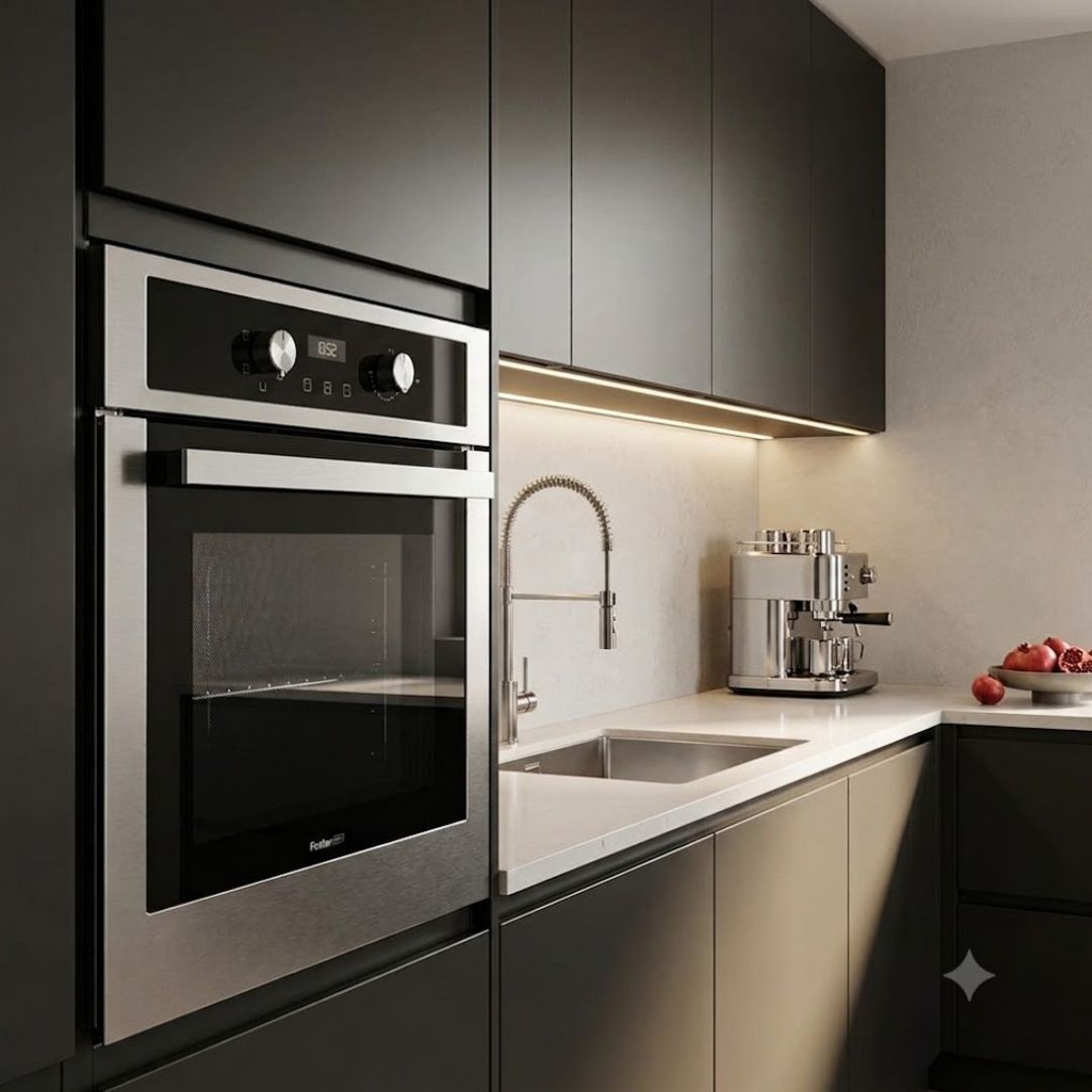 Cucina moderna con mobili scuri, forno in acciaio inox, lavello, rubinetto e macchina per espresso.