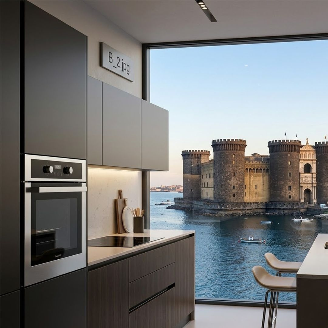 Cucina moderna con vista su un castello medievale sull'acqua.
