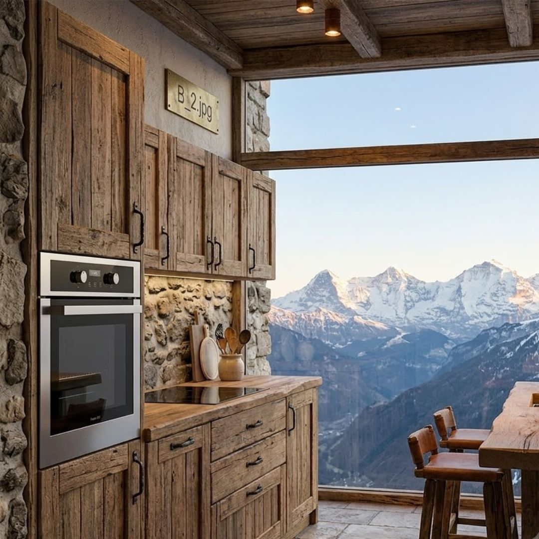 Cucina in legno con vista su montagne innevate.