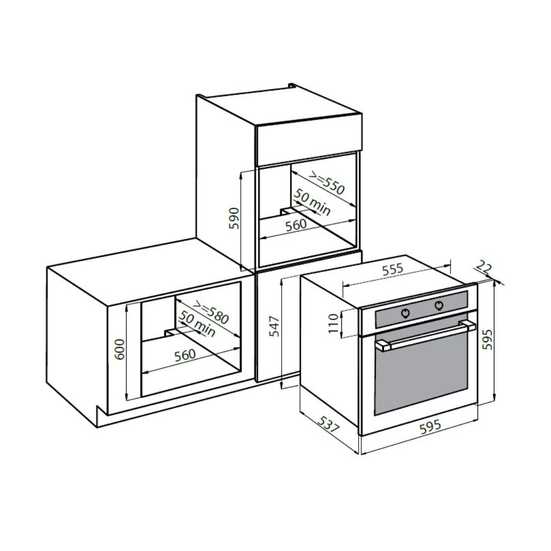 Disegno tecnico di forno e piano cottura da incasso con dimensioni.