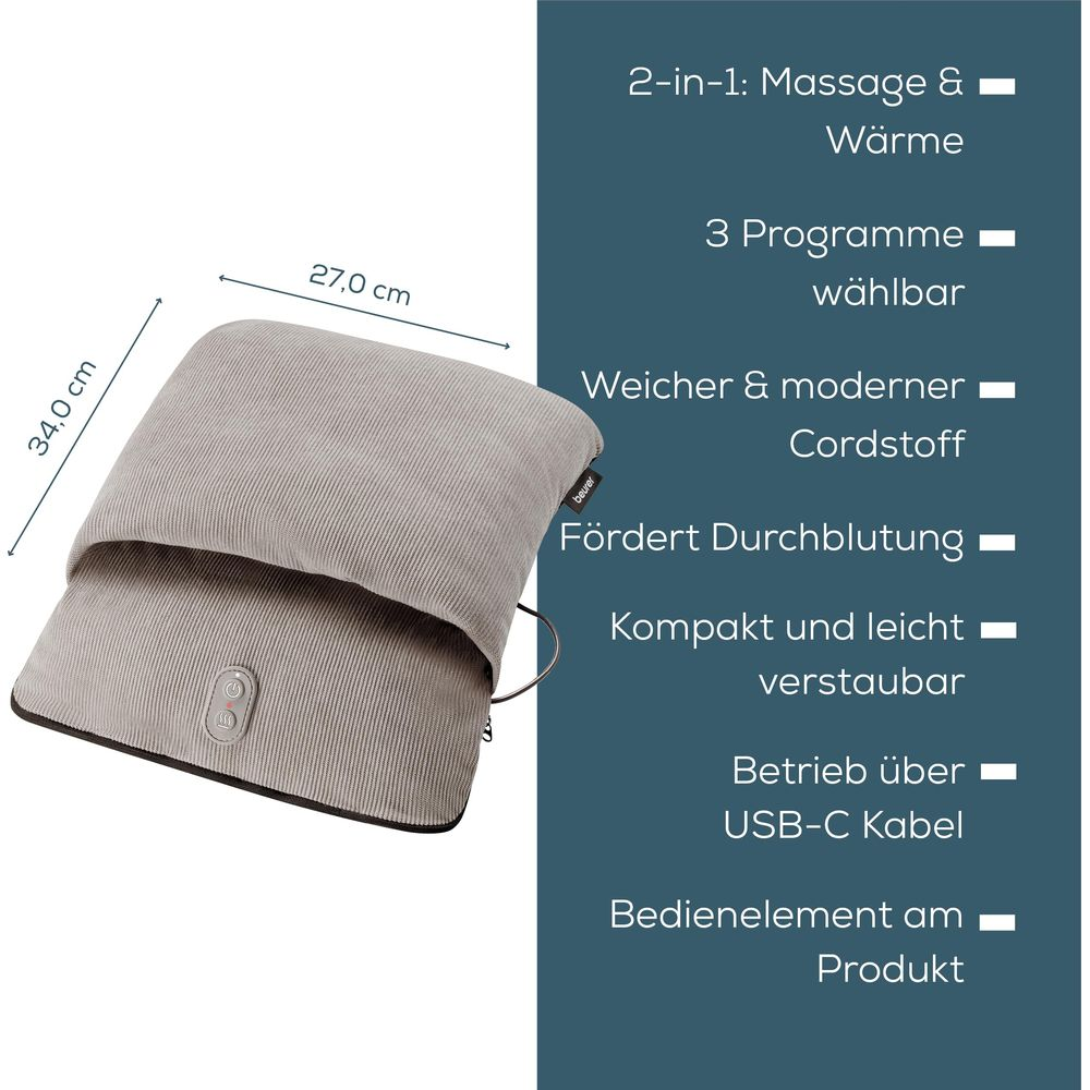 Graues Heizkissen (34x27cm) mit Cordstoff, USB-C, 3 Programmen.