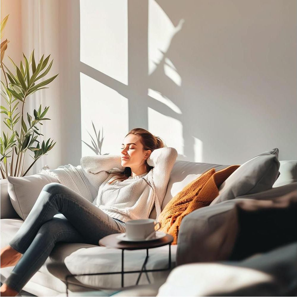 Eine Frau entspannt sich auf einem Sofa in der Sonne, mit einer Tasse Kaffee.