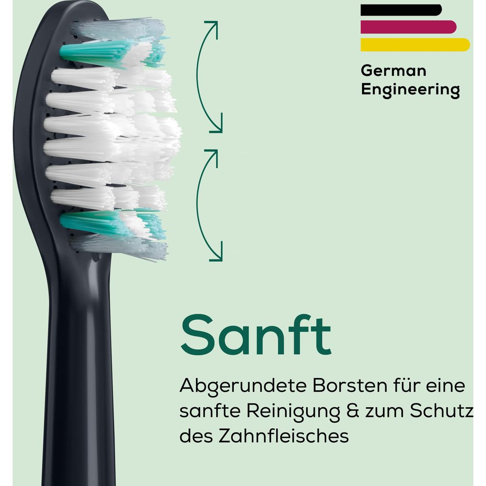 Schwarzer Zahnbürstenkopf mit weißen und türkisen Borsten, "Sanft" Text.