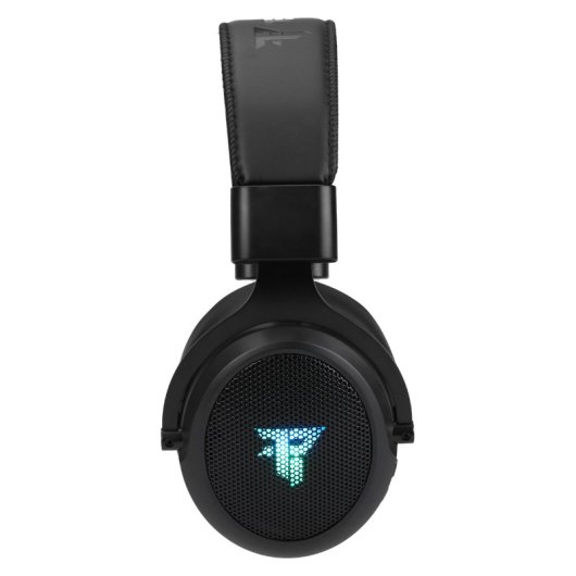 Cuffie da gioco nere con logo illuminato sull'auricolare.