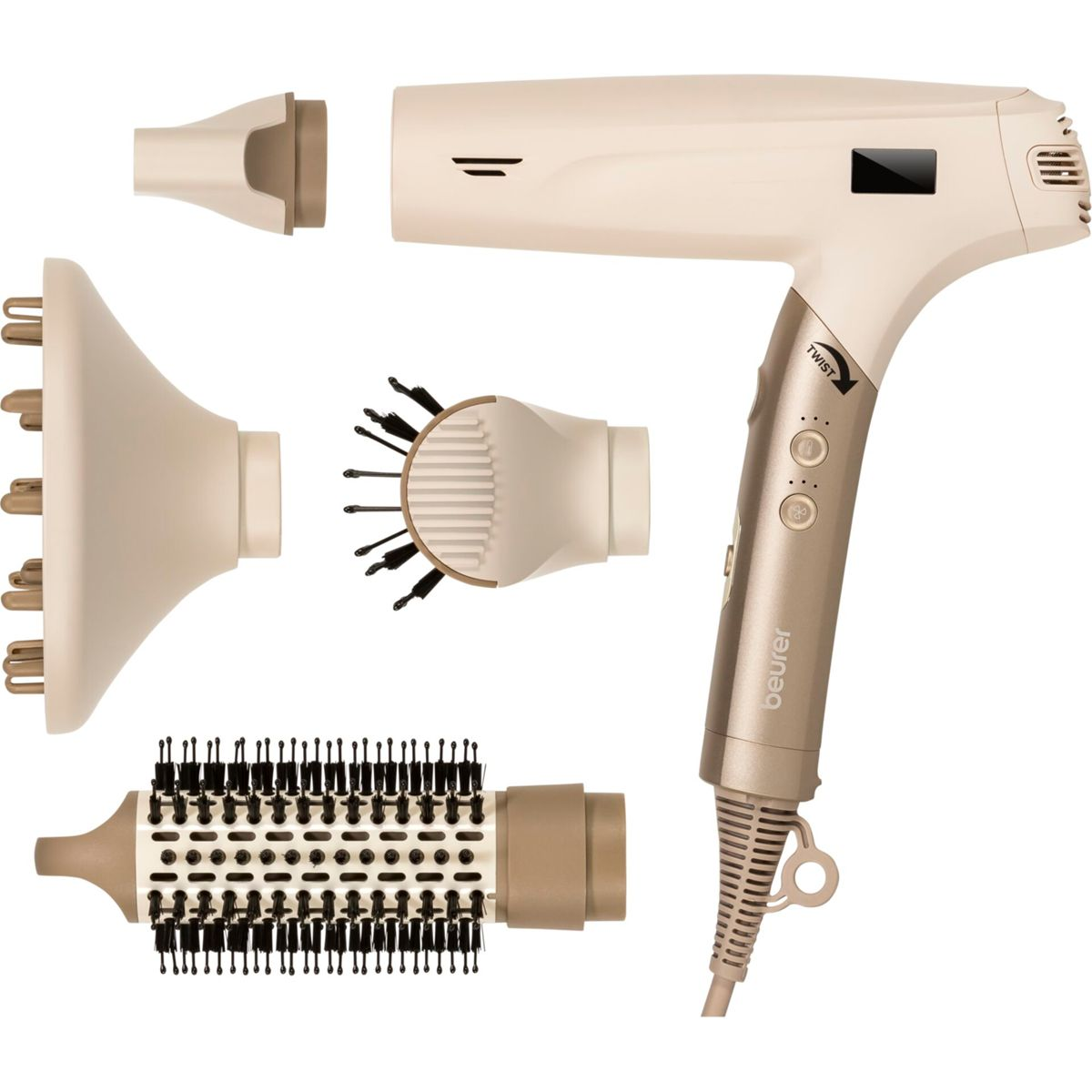 Un asciugacapelli beige con accessori: diffusore, pettine, spazzola, concentratore.