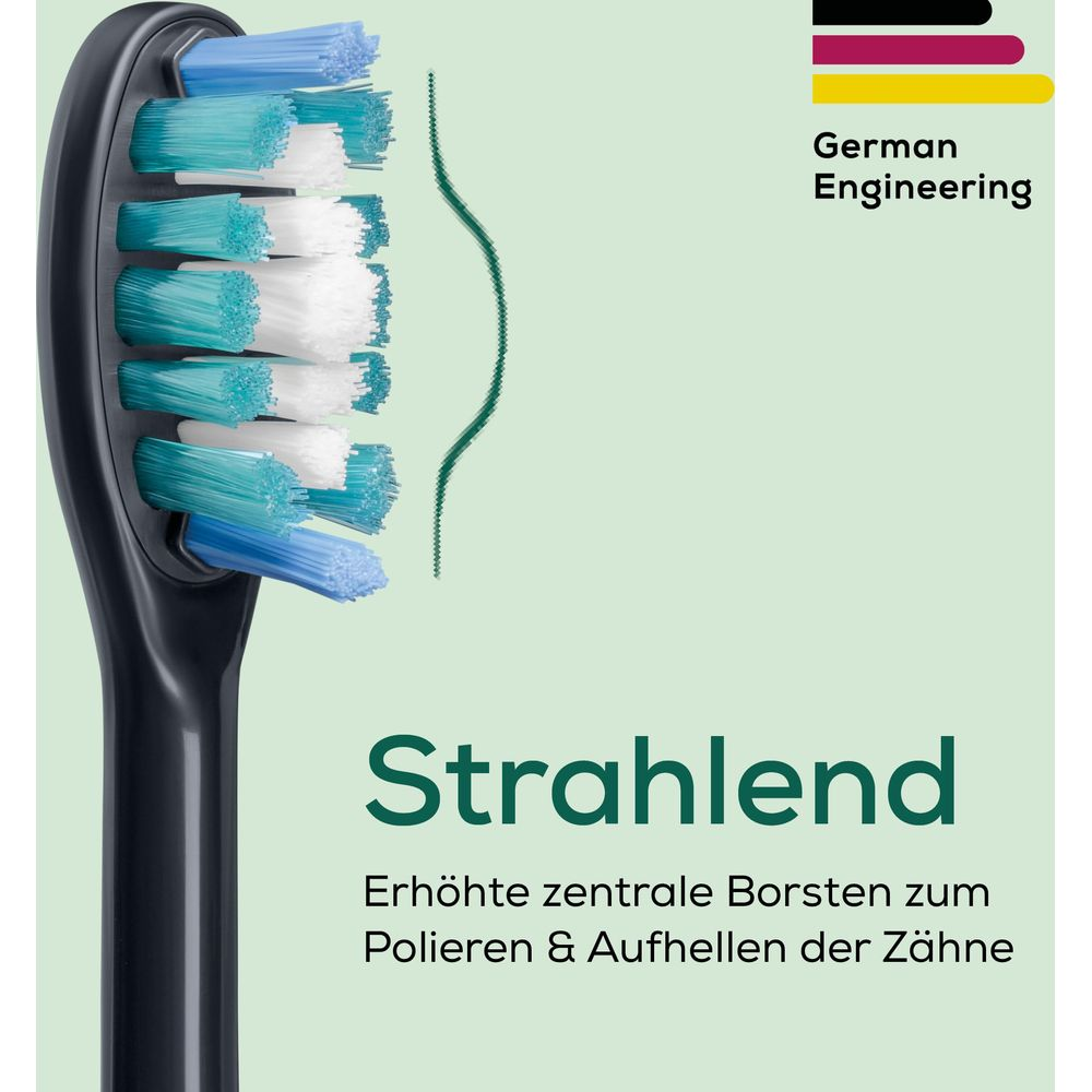 Schwarzer Zahnbürstenkopf mit blauen und weißen Borsten. Text: Strahlend.