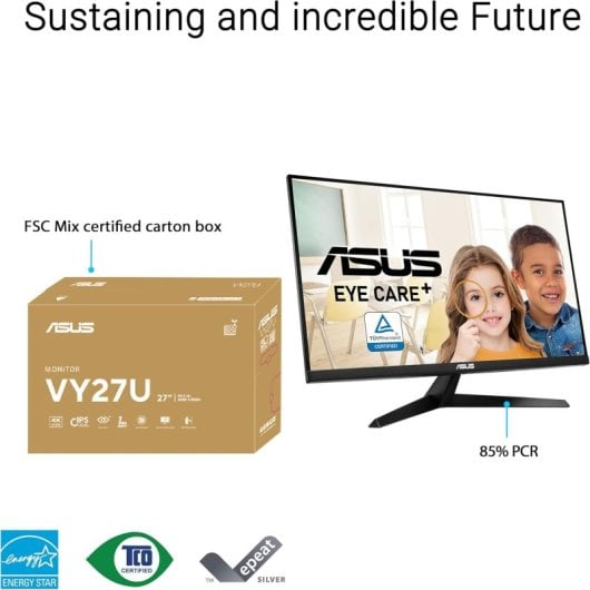 An ASUS Monitor VY27U box, a monitor with children and seals.