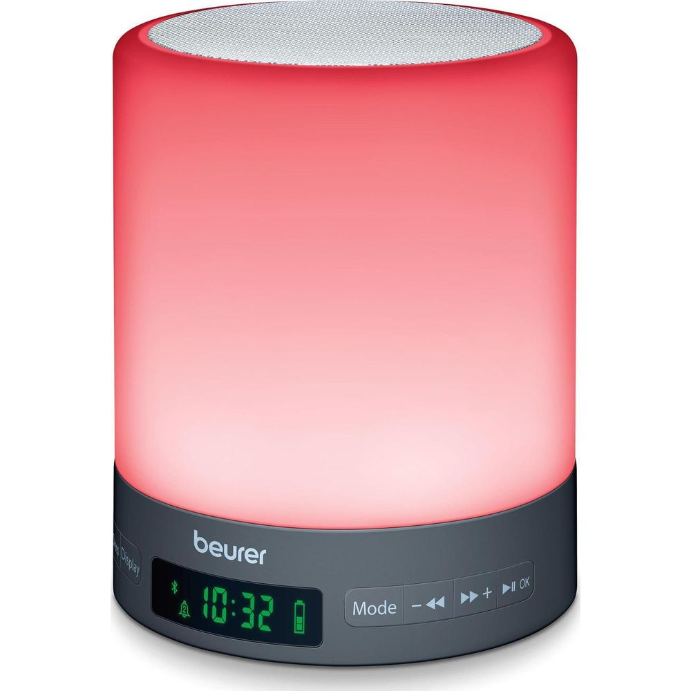Ein zylindrischer Lautsprecher mit rotem Licht und digitaler Zeitanzeige.