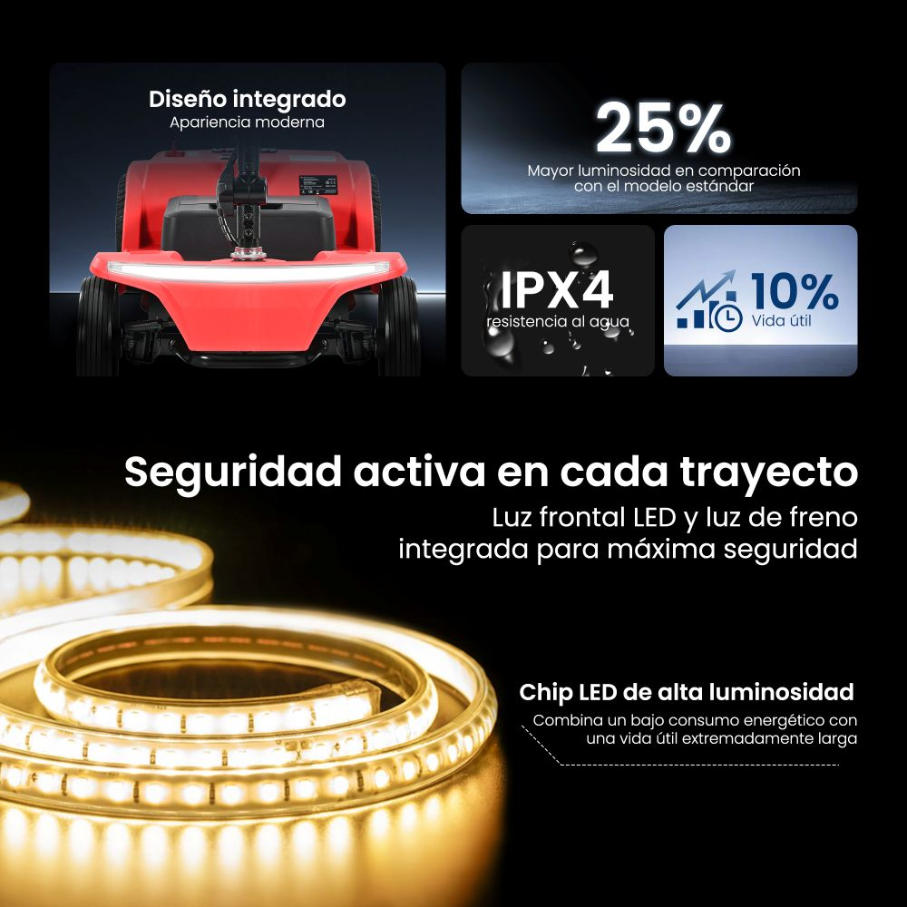 Vehículo rojo con luces LED. Texto sobre rendimiento y resistencia al agua.
