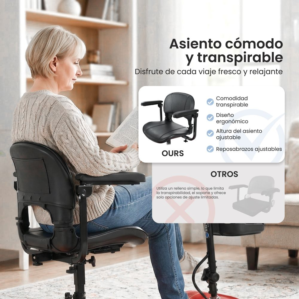 Mujer sentada en un scooter de movilidad leyendo un libro. El asiento es cómodo y transpirable.