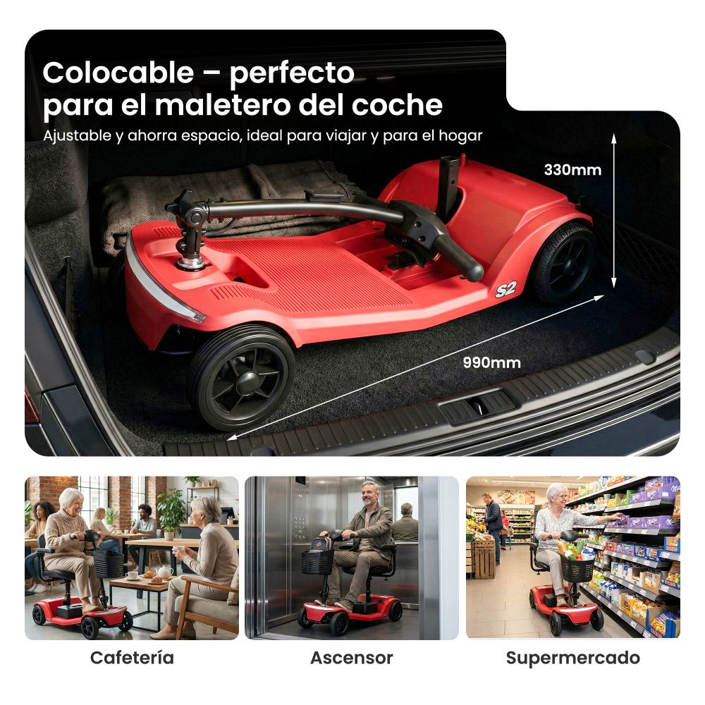 Scooter rojo en maletero, con escenas de cafetería, ascensor y supermercado.