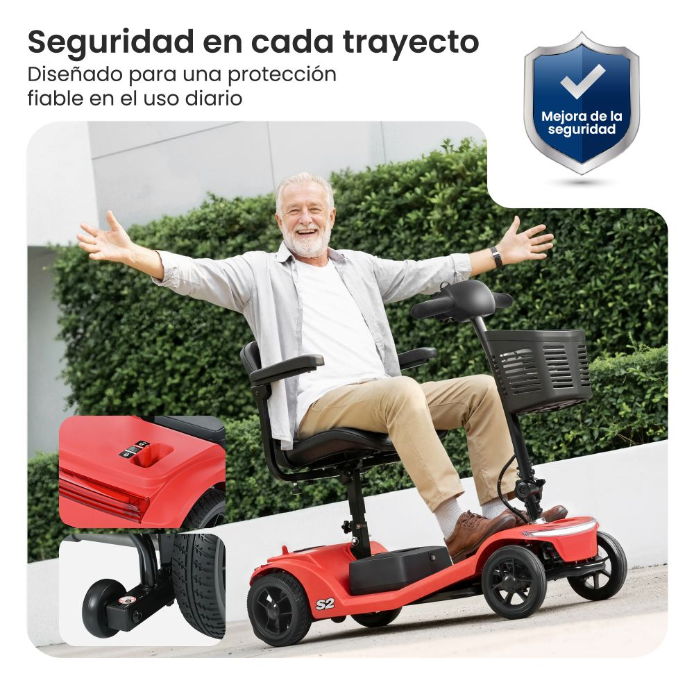 Hombre mayor feliz conduce un scooter de movilidad rojo al aire libre.
