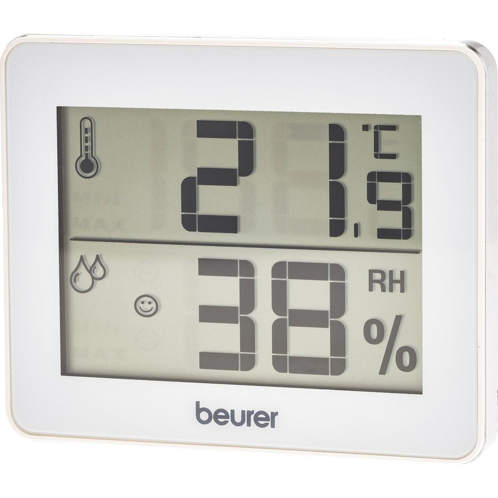 Ein digitales Beurer Thermometer zeigt 21.9 Grad Celsius und 38% Luftfeuchtigkeit an.