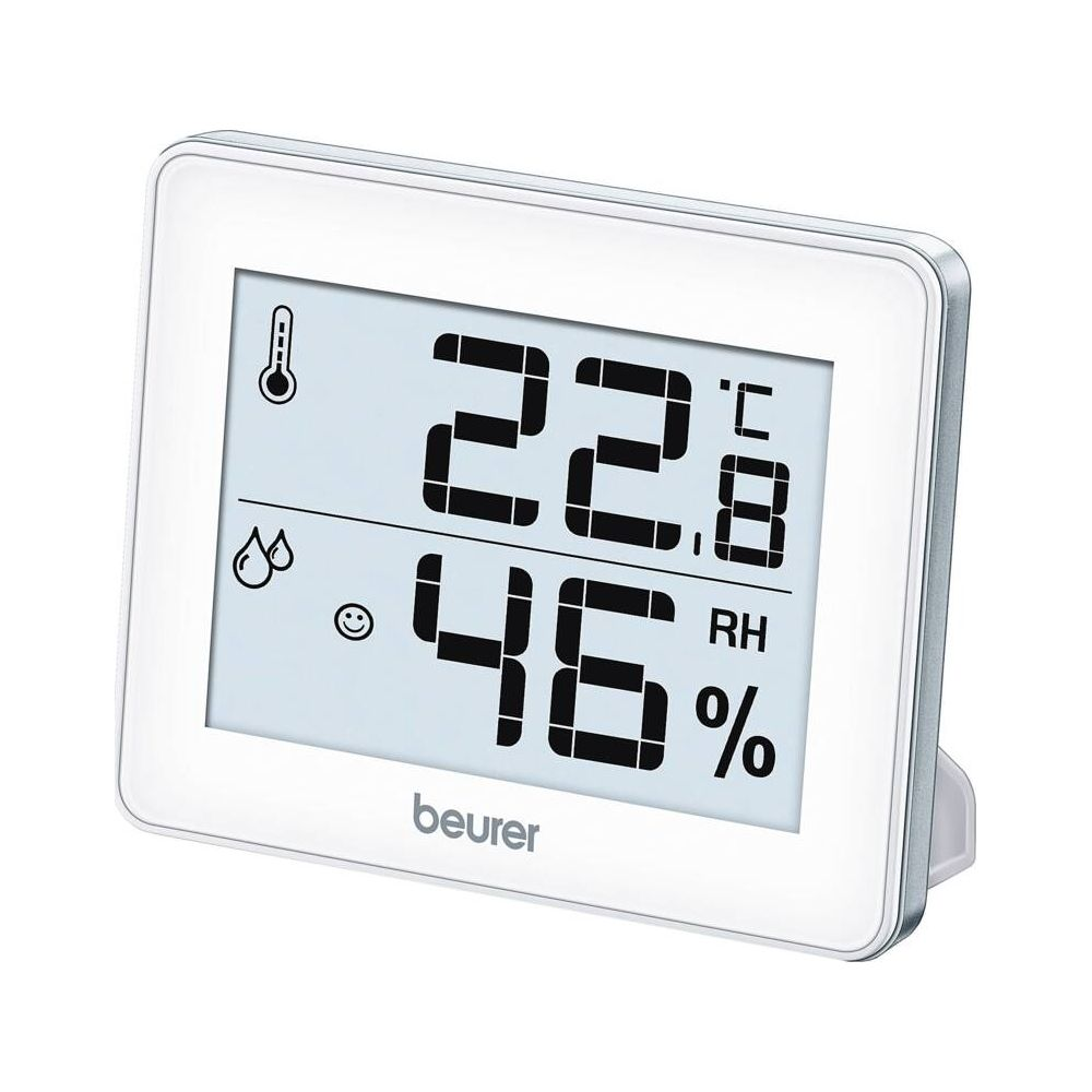 Ein weißes digitales Hygrometer zeigt 22,8°C und 46% Luftfeuchtigkeit an.