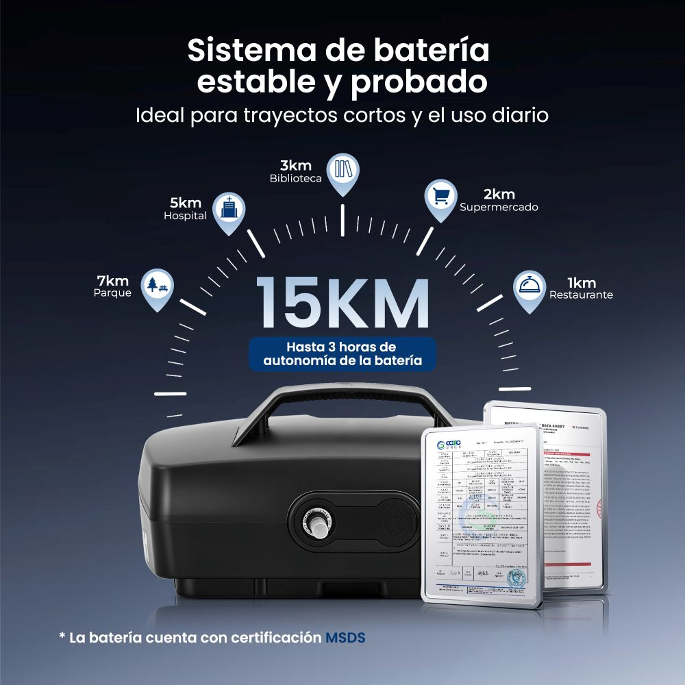 Batería negra con autonomía de 15km y 3h. Certificaciones visibles.
