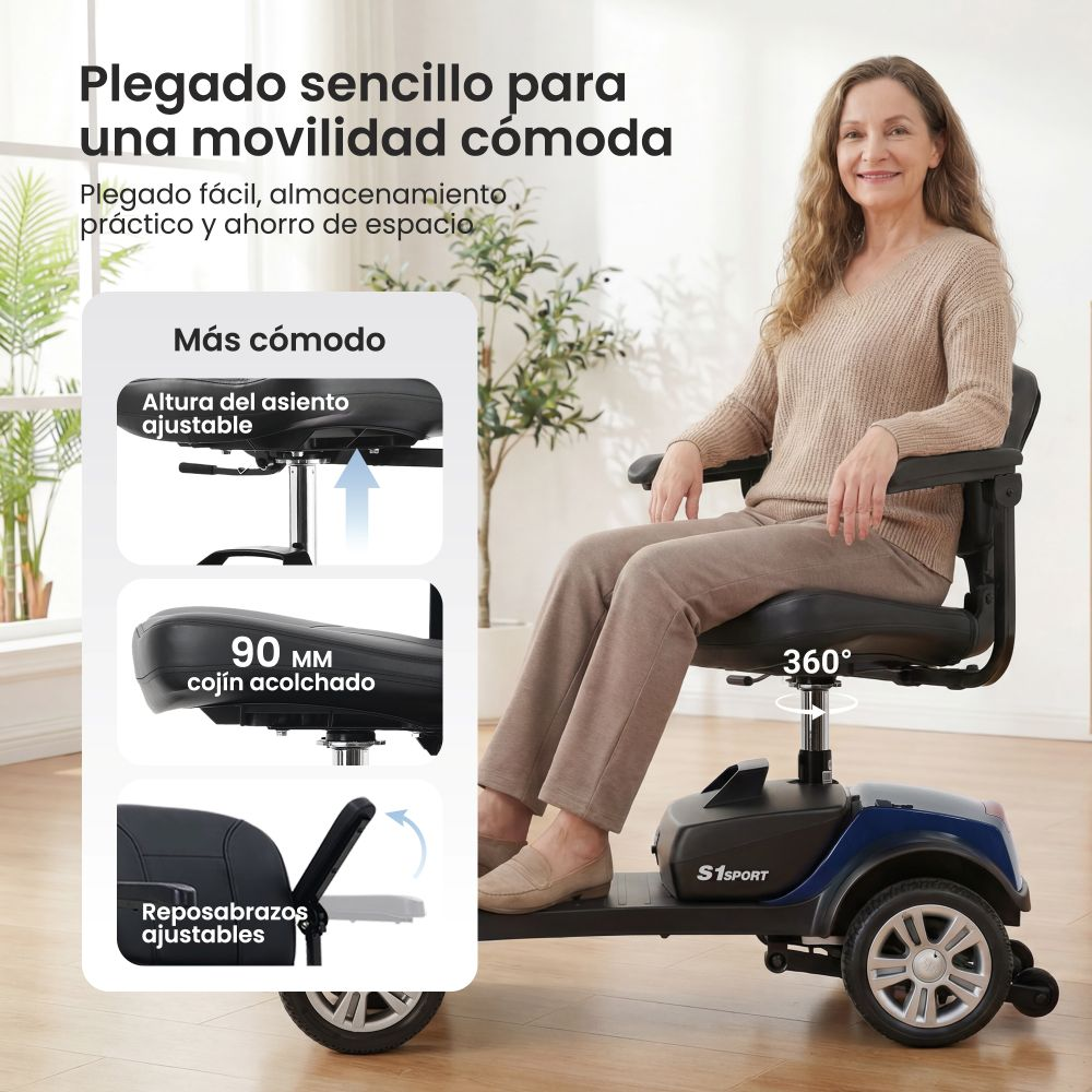 Una mujer sentada en un scooter de movilidad eléctrico azul con asiento y reposabrazos ajustables.