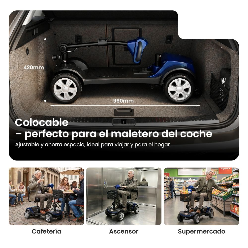 Un scooter azul plegable cabe en el maletero de un coche.