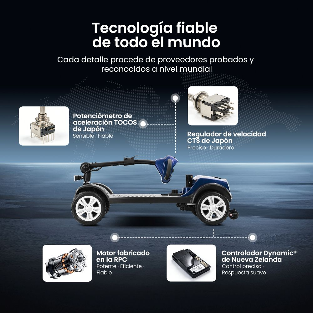Un scooter de movilidad eléctrica azul con componentes como motor, controlador, potenciómetro, regulador.
