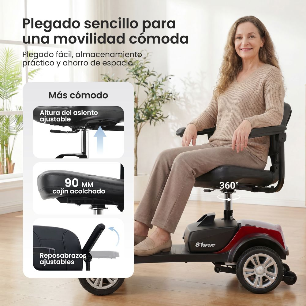 Una mujer sentada en un scooter de movilidad rojo y negro. Detalles del asiento visibles.