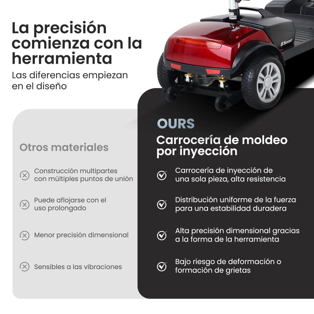 Un scooter de movilidad rojo con texto 'La precisión comienza con la herramienta'.