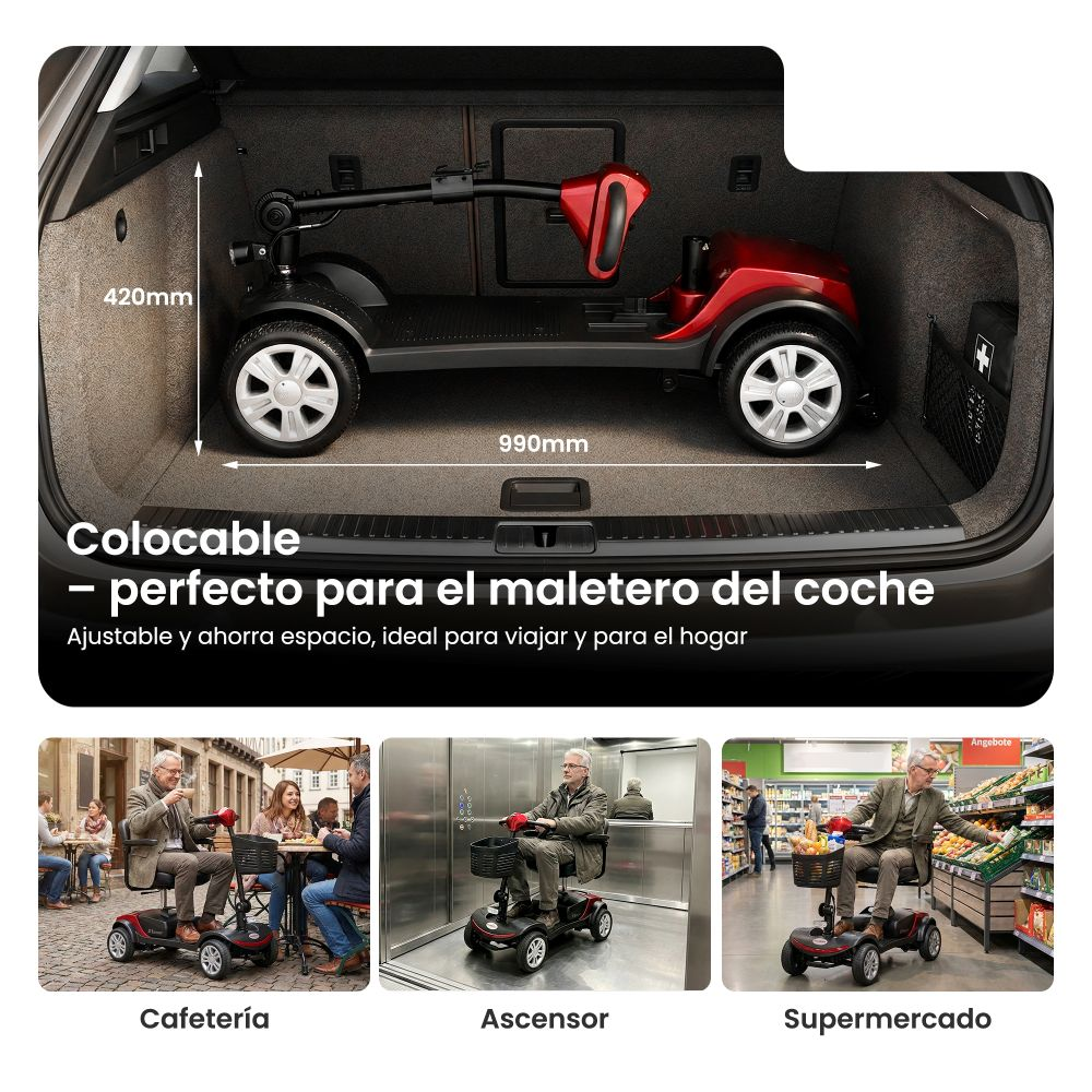 Scooter rojo cabe en maletero. Imágenes muestran uso en cafetería, ascensor y supermercado.