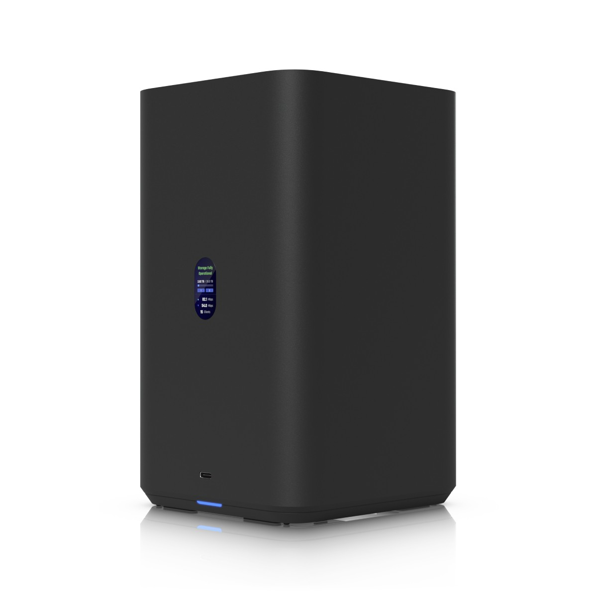 Router nero con luce blu in basso e un piccolo schermo che mostra dati.
