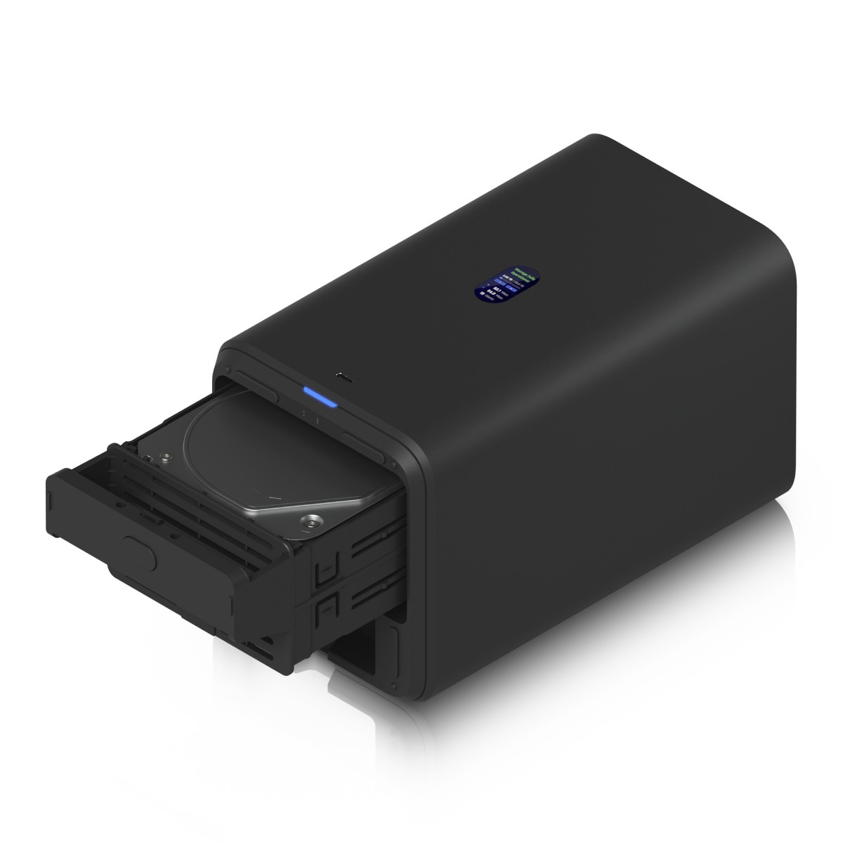 Box esterno per hard disk nero con vassoio estraibile e hard disk.