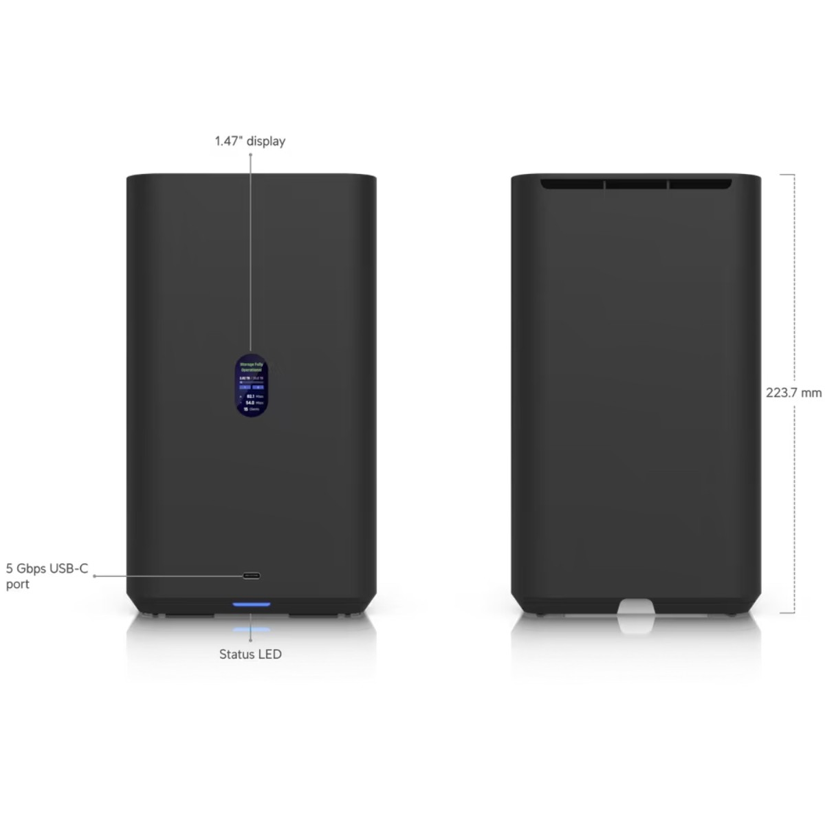 Due dispositivi neri mostrati. Sinistro con display da 1,47", porta USB-C, LED stato.