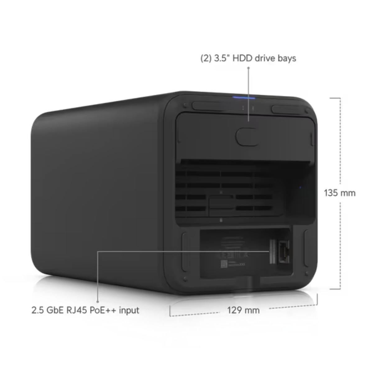 Dispositivo NAS nero con 2 vani HDD da 3,5" e ingresso RJ45.