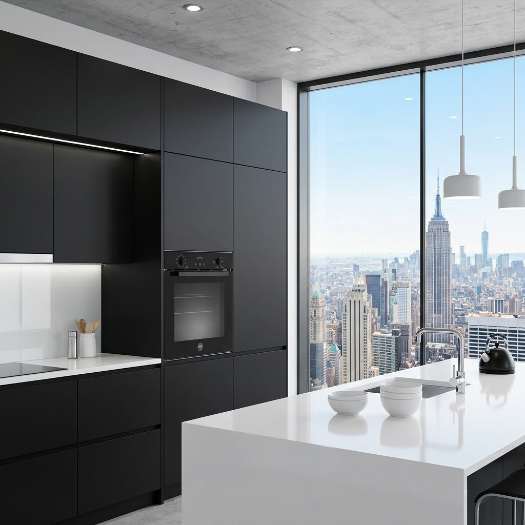 Cucina moderna nera con bancone bianco affacciata sullo skyline di New York.